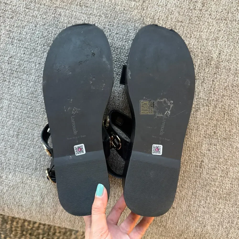 Larroude Milan Black Leather Grommet Flatform Sandals Size 9